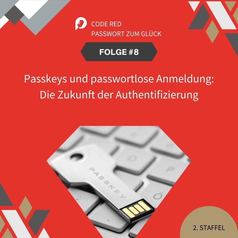 Podcast-Cover für die Episode über Passkeys und passwortlose Anmeldung mit digitalem Schlüssel, Fingerabdruckscanner und Smartphone