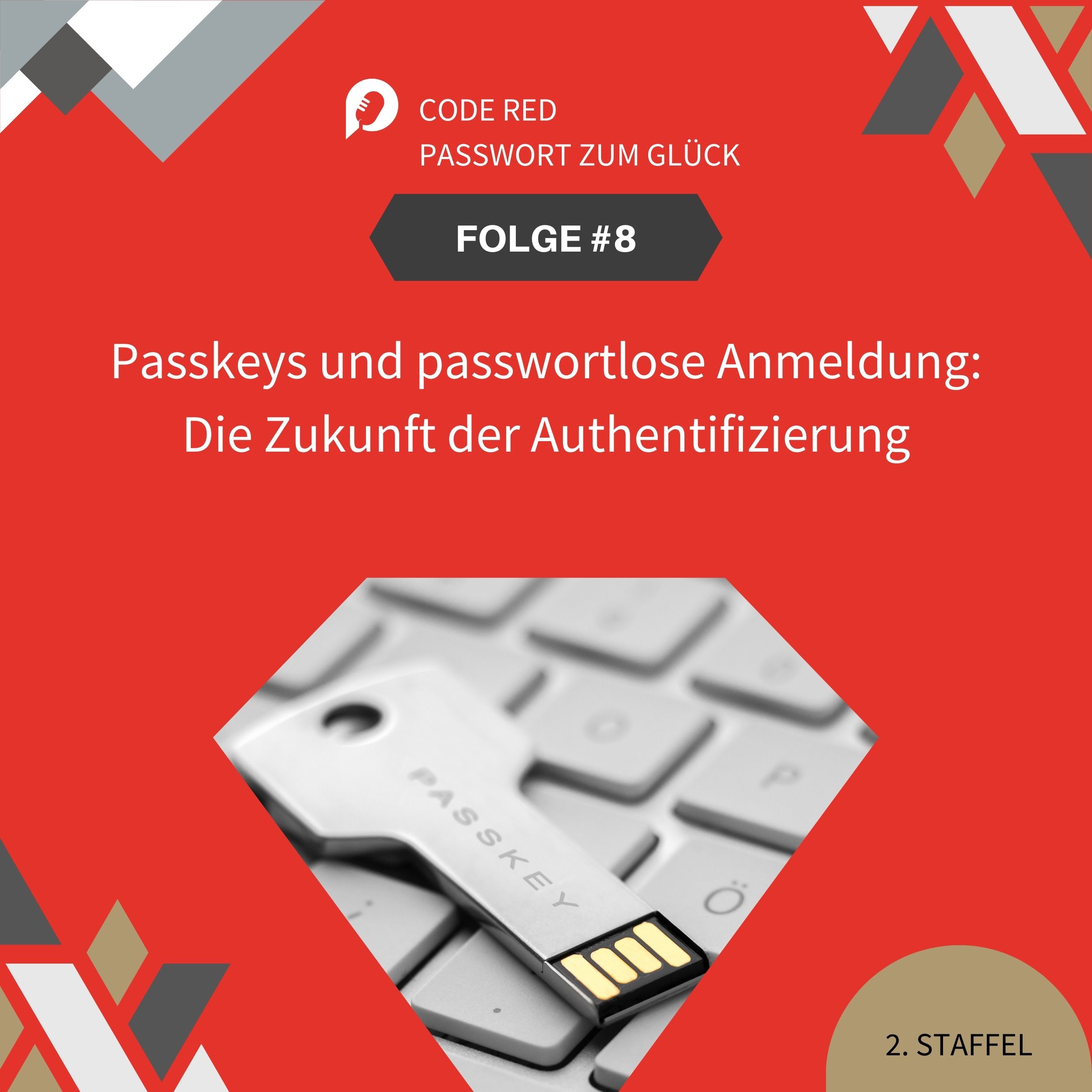 Podcast-Cover für die Episode über Passkeys und passwortlose Anmeldung mit digitalem Schlüssel, Fingerabdruckscanner und Smartphone