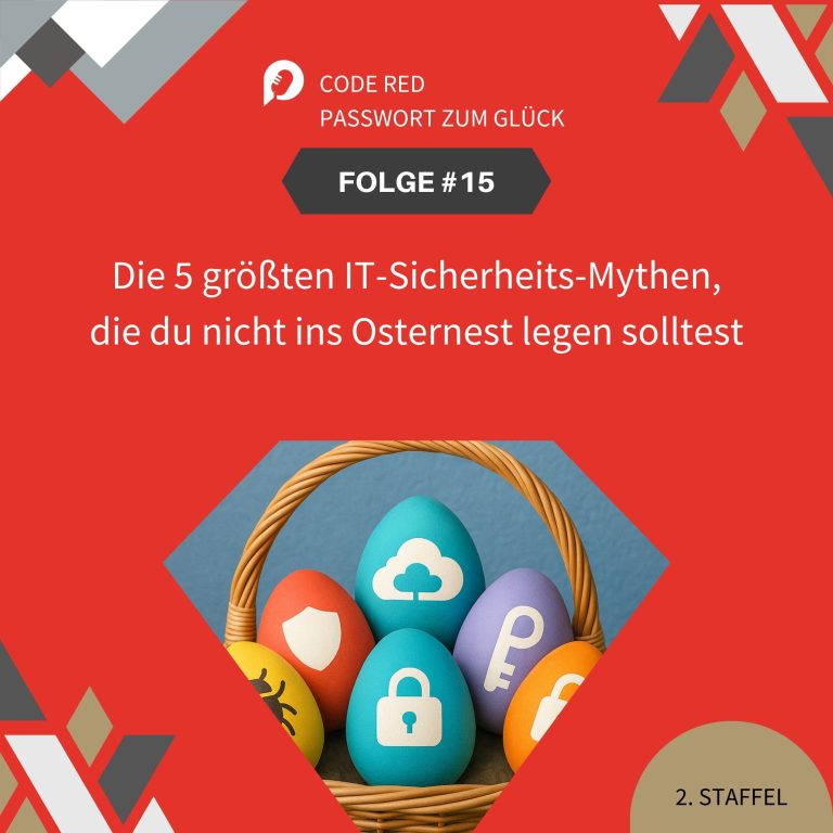 Illustration mit Osternest und IT-Symbolen – Podcastfolge über Sicherheitsmythen