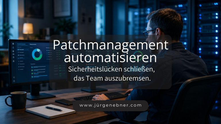 IT-Administrator überwacht automatisiertes Patchmanagement auf mehreren Bildschirmen, während Sicherheitsupdates im Hintergrund installiert werden, um Sicherheitslücken in Unternehmen zu schließen.