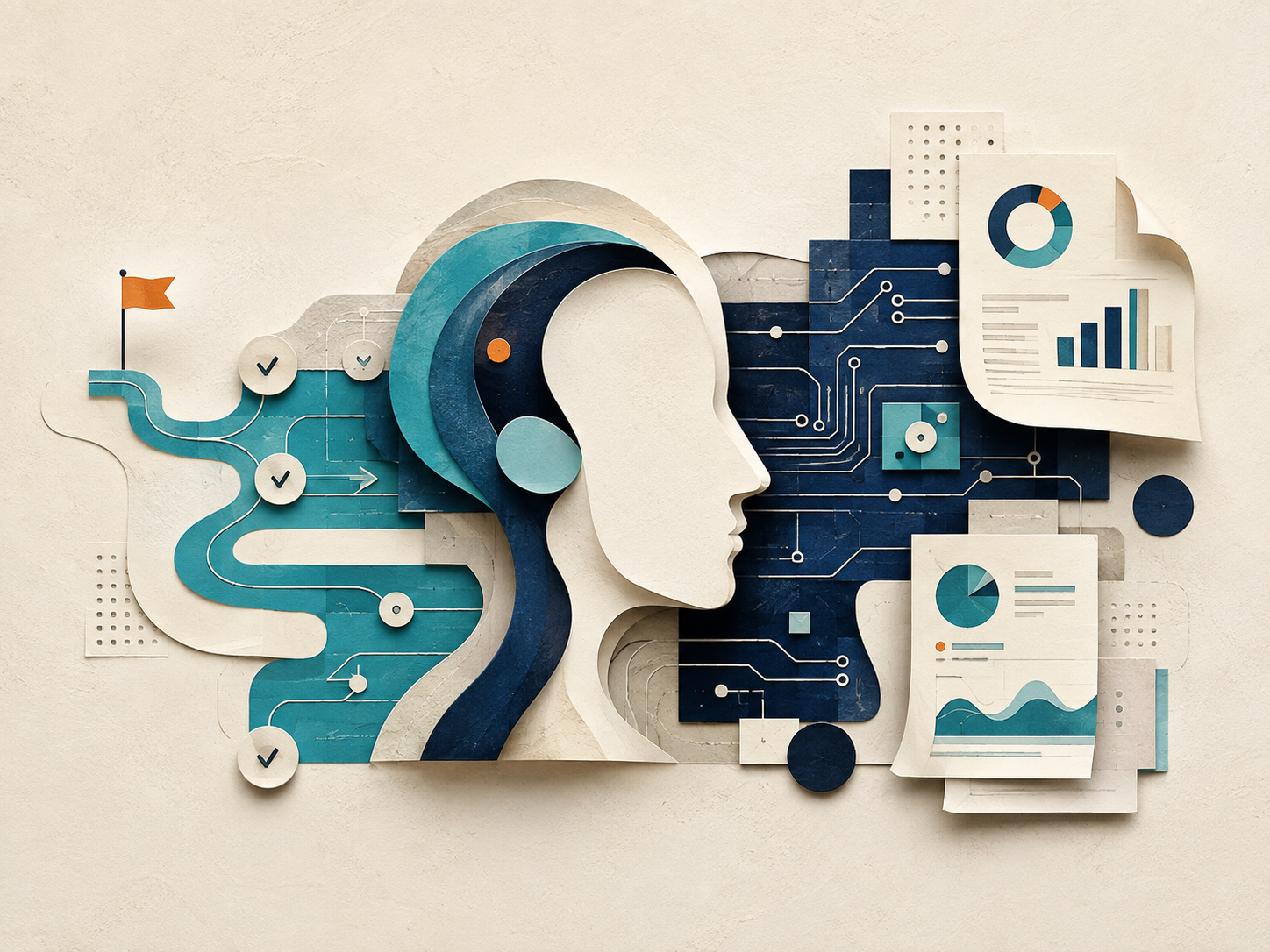 Abstrakte Illustration zu Cybersecurity-Studien 2026 mit Mensch, Prozessen und vernetzten IT-Systemen.